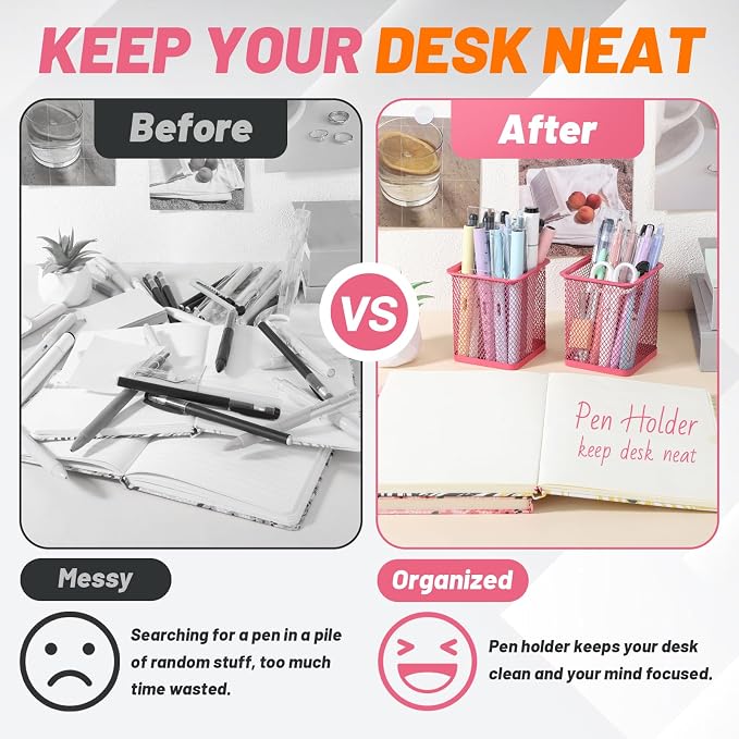 Segarty Pen Cup, 6 Pack Square Dark Pink Pen Holder for Desk, Multifuntional Mesh Pencil Cups Containers for Marker, Office Supplies, School Students, Home, Desktop Accessories Storage Organizer