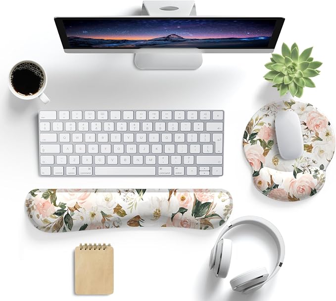 Pink Flower Desktop Mat Aesthetic Wrist Support Keyboard Mouse Wrist Rest Set, Computer Office Comfortable Wrist Rest for Mouse Easy Typing & Pain Relief, Ergonomic Computer Mouse Pad with Pu Base.