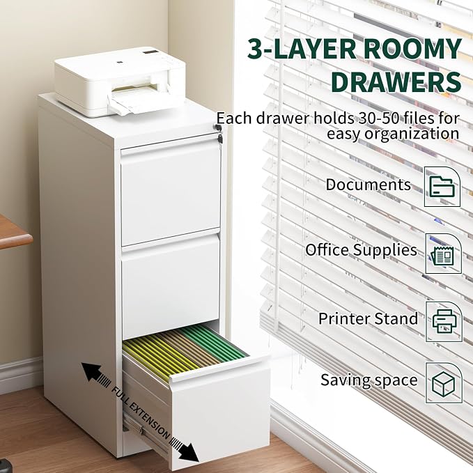 3 Drawer File Cabinet with Lock, Metal Vertical Filing Cabinet, Filing Cabinets for Home Office, Locking File Cabinet Hanging Files for A4/ Legal/Letter, Require Assembly, White