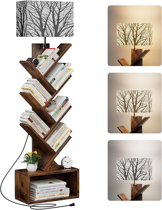 Evermagin Tree Bookshelf with Light, 6 Tier Small Bookcase, Narrow Floor Standing Book Tower Organizer with Storage Cabinet for Living Room, Bedroom and Home Office, Rustic Brown