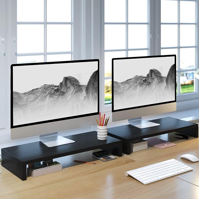 TEAMIX 2 Pack Monitor Stand Riser-20 inch, Black Desktop Stand for PC/TV/Laptop/Printer, Keyboard Shelf Organizer Wood Monitor Riser with Storage