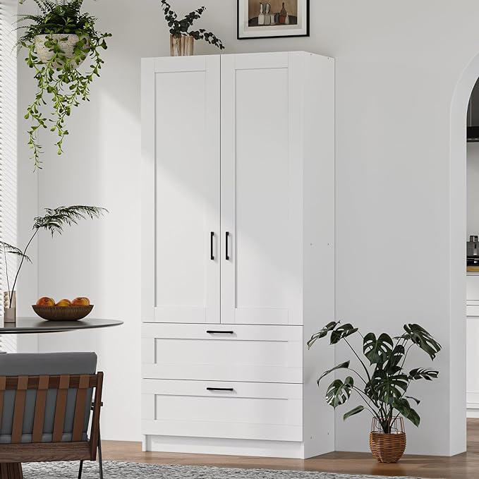 White Tall Kitchen Pantry Cabinet Organizers and Storage with Doors and Drawer and Adjustable Shelves，Wood Large Gabinetes Para Cocina Office Bookshelf for Laundry Room Cabinets (31.5”W*15.7”D*71”H)