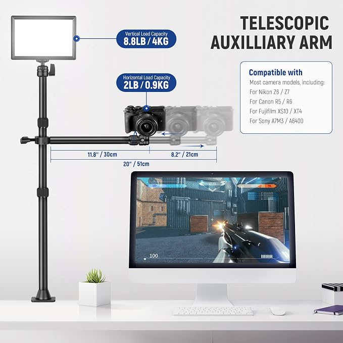NEEWER TL253A+DS001 Table Camera Tripod with 2 Telescopic Arms, Phone Holder, Ball Heads, Screw Adapter, Table Light Stand for Camera, Mobile Phone, Webcam, Ring Light