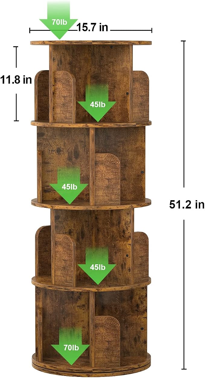 Aheaplus Rotating Bookshelf, Small Corner Bookshelf for Small Space, 360 Display 4 Tier Floor Standing Bookcase Storage Rack, Wood Narrow Book Shelf Organizer for Bedroom, Living Room, Rustic Brown