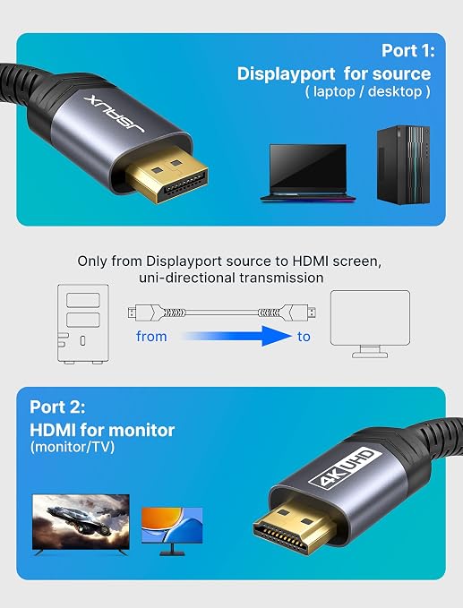 JSAUX 4K DisplayPort to HDMI Cable 10FT, DP to HDMI Video UHD 2K@60Hz/4K@30 Nylon Braided DP to HDTV Uni-Directional Cord for Dell, Monitor, Projector, Desktop, AMD, NVIDIA, Lenovo, HP-Black