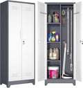 GREATMEET 65" H Broom Closet, Broom Closet Cabinet with Pegboard and Hanging Rod, Cleaning Tool Storage Cabinet, Tall Metal Utility Closets with Locking Doors for Bathroom, Garage