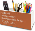 Inspirational Christian Pen Pencil Holder Organizer for Desk, God Is Still Writing Your Story Bible Verse Religious Terracotta Wooden Box Sign for Office Home Desk Tabletop Decorations