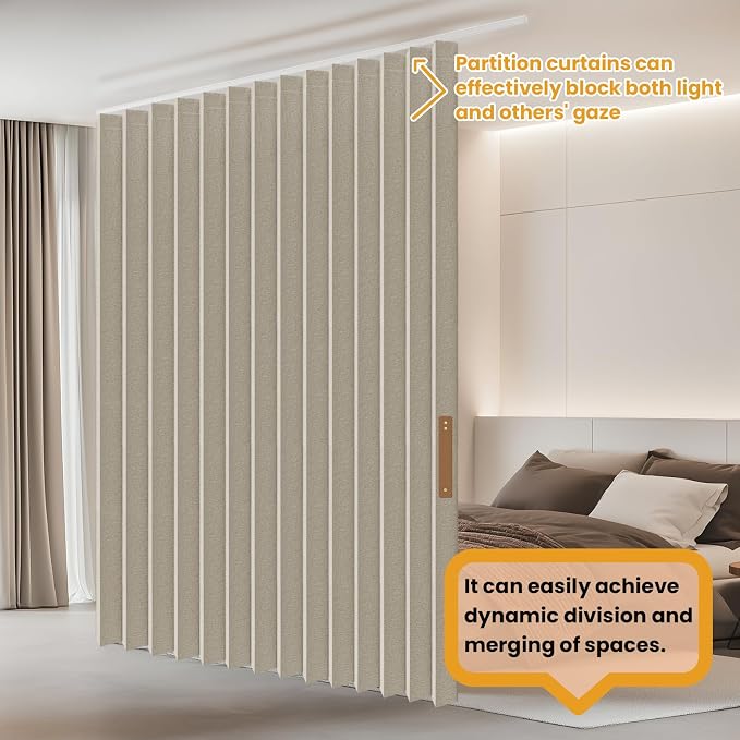 JILRON Accordion Partition Curtain with Ceiling Track - Space-Saving Room Divider, Tool-Free Installation(Off-White 180" W x 108" L-Pack of 1)