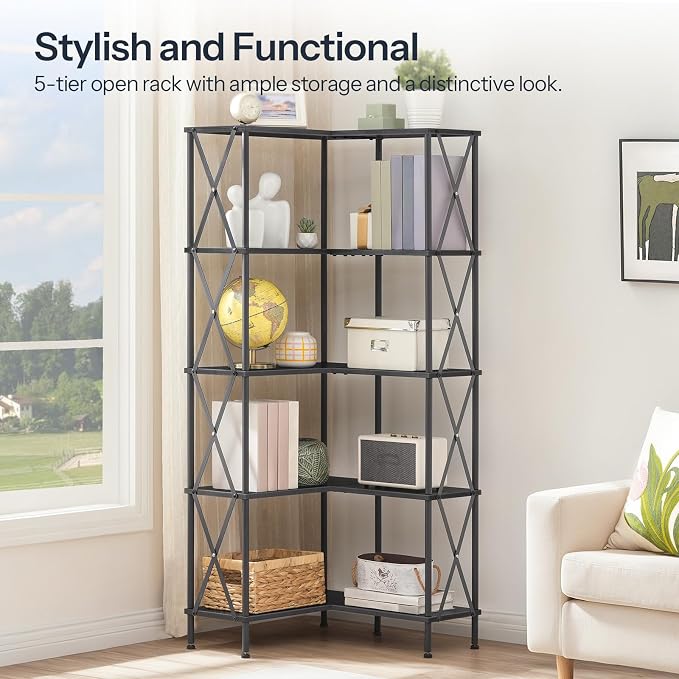 HOOBRO Corner Bookshelf, 5-Tier L-Shaped Bookcase, Industrial Open Display Shelf Tall Storage Organizer, Vertical Storage Rack, for Living Room, Home Office, Black BB60SJ01