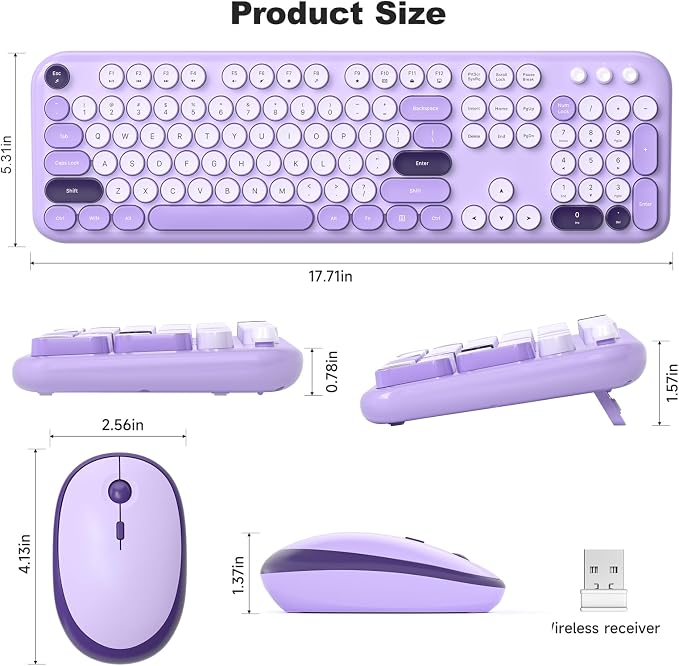MOFII Wireless Keyboard and Mouse Combo, 2.4GHz Retro Typewriter Keyboard Full Size and Silent Mouse, 2-in-1 USB Receiver Plug and Play, for Laptop, PC, Desktop, Windows (Violet)