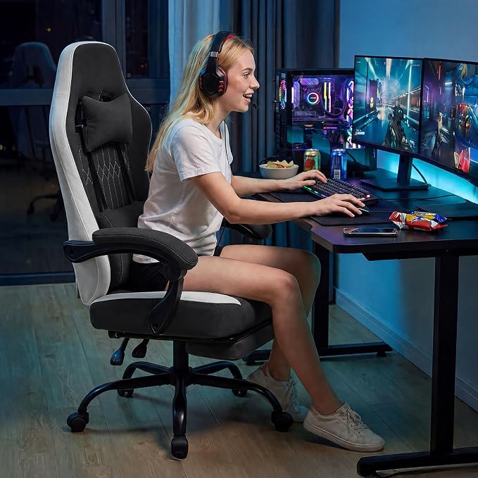 Computer Gaming Chair - High Back Ergonomic Desk Chair with Footrest and Lumbar Support, Height Adjustable Task Chair with Linkage Armrests and Headrest, 360° Swivel Wheels, Black