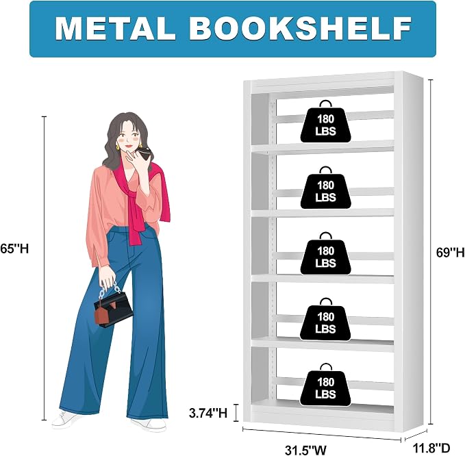 69" Tall White Metal Bookshelf, 5-Tier Adjustable Bookcase, Easy Assembly Modern Storage Shelf for Office, Home, Living Room, Library, School