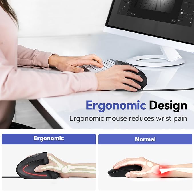 TECKNET Wired Mouse, 6400 DPI Ergonomic Mouse 6 Buttons Silent Mice 4 Adjustable DPI Vertical Mouse Compatible with Windows/Chrome/Laptop/Computer