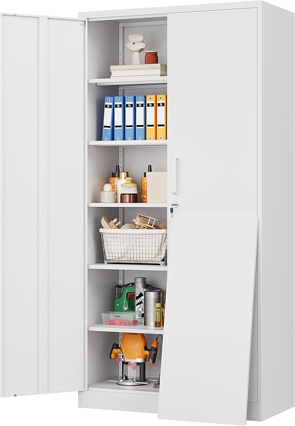 Wide & Deep Metal Storage Cabinet with 2 Doors and 5 Adjustable Shelves,White Locking Metal Cabinet,Large Garage Storage Cabinets,Lockable Tall Pantry Cabinets for Home,Office,Garage,Shop 72x36x18