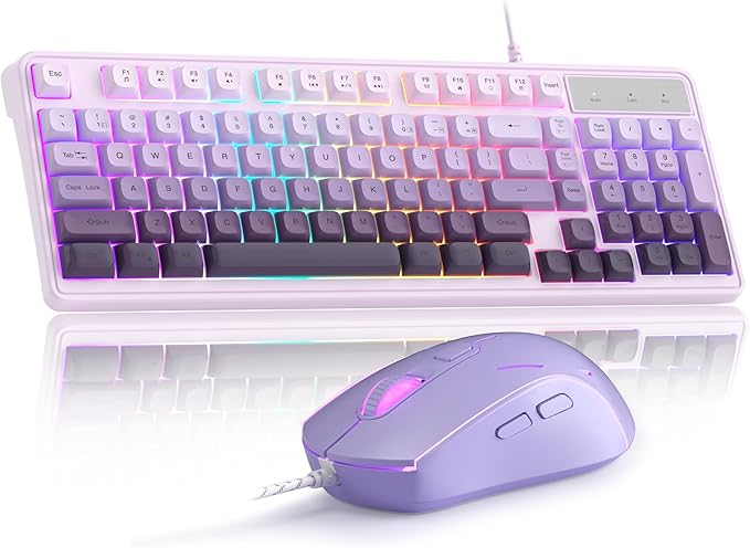 MageGee Gradient Purple Creamy Keyboard and Mouse Combo,MageGee GK980 Wired RGB Backlit Keyboard and Gradient Purple Gaming Mouse Combo,PC Keyboard and Adjustable Sensitivity Mouse for PC/loptop/MAC
