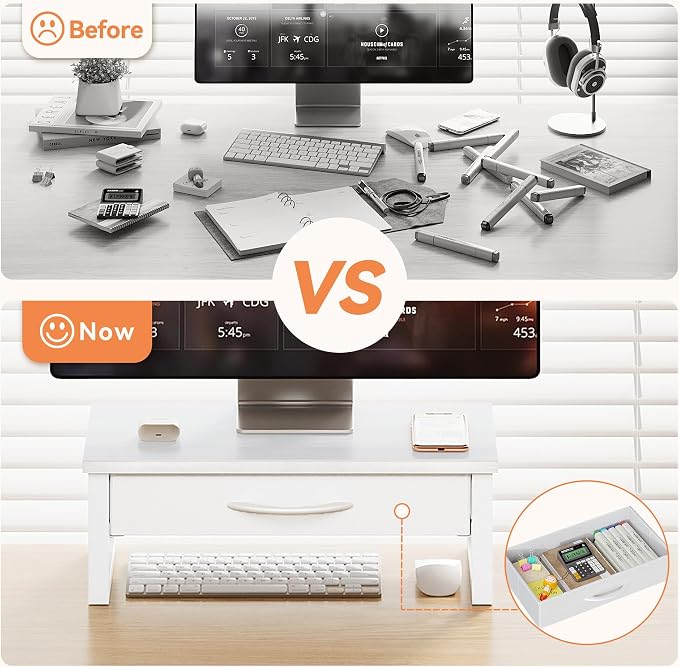 Desk Organizers and Accessories, Computer Monitor Stand Riser with Drawer, White Laptop Stand for Desk with Storage, Office Organization, Wood