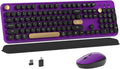 MPTOG Colorful Wireless Computer Keyboard and Mouse Combo with Round Typewriter Keycaps, Retro Design, Power Switch, Ergonomic Design, 2.4GHz Wireless for Windows, Mac, PC(Black-Purple)