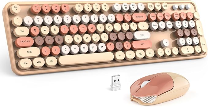MOFII Wireless Keyboard and Mouse Combo, Milk Tea Colorful Round Key Typewriter Keyboards, 2.4G Full Size Keyboard and Cute Wireless Mice, USB Receiver Plug and Play, for Laptop, PC, Windows