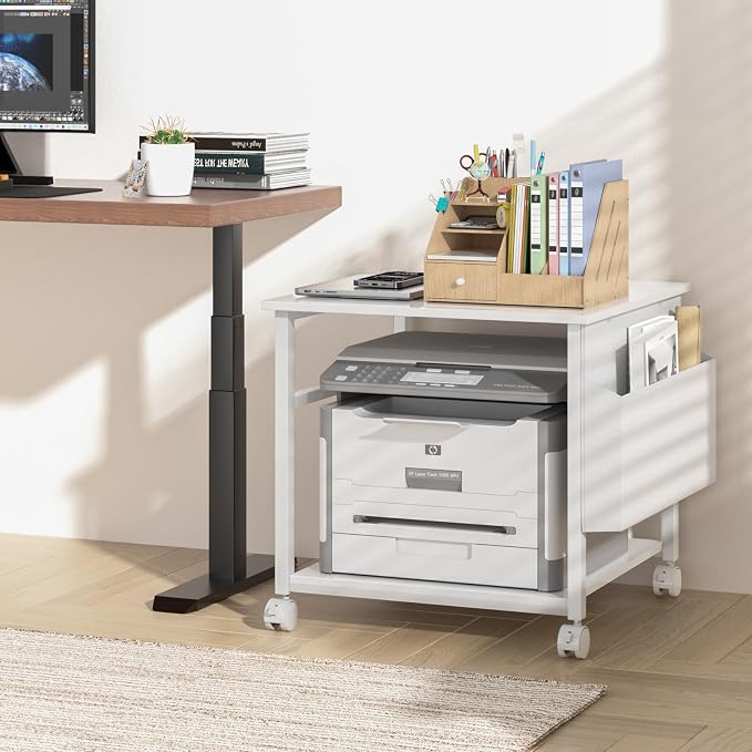 Lerliuo Large Printer Stand with Storage Shelf, 23.6 x 23.6 x 22.8 Industrial Printer Table for Home Office, Rolling Printer Cart Holder with Lockable Wheels, Mobile Mini Fridge Stand Table (White)