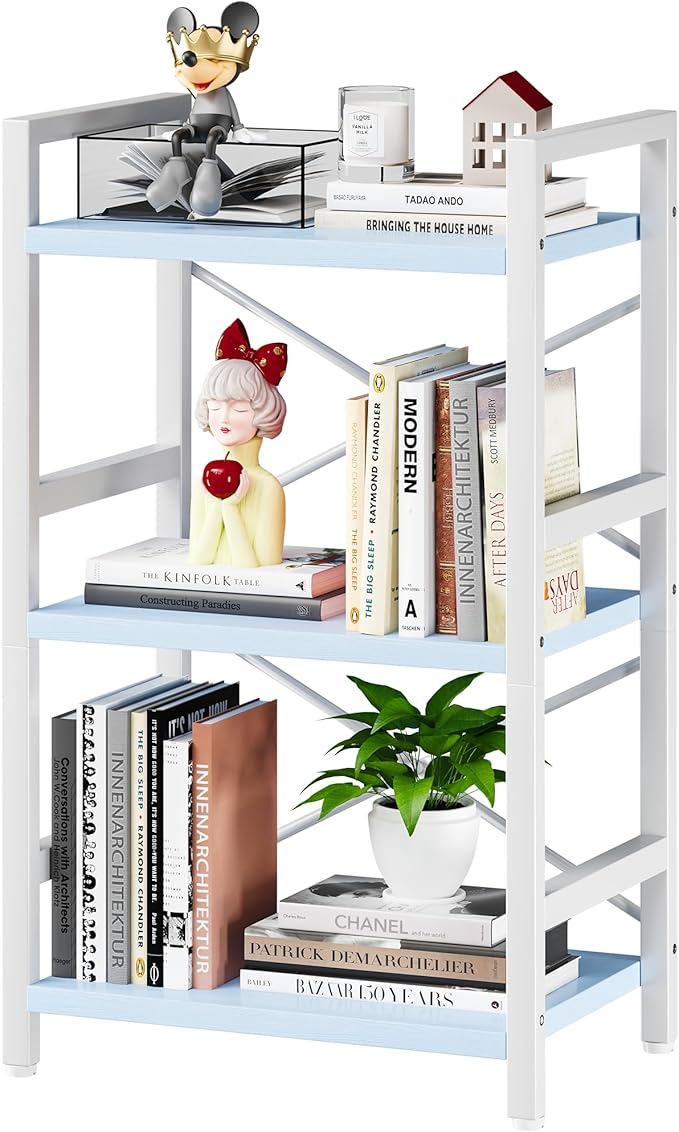 Homeiju Bookshelf, 3 Tier Industrial Bookcase, Metal Small Bookcase, Rustic Etagere Book Shelf Storage Organizer for Living Room, Bedroom, and Home Office(Blue) Patent Pending D29873033