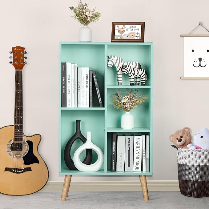 LEYAOYAO 5 Cube Bookshelf 3-Tier Bookcase with Legs,Mint Green Kids Book Shelf Cute Storage Organizer,Free Standing Open Toy Shelves Wood Bookshelves,Display Bookcases for Bedroom,Living Room,Nursery