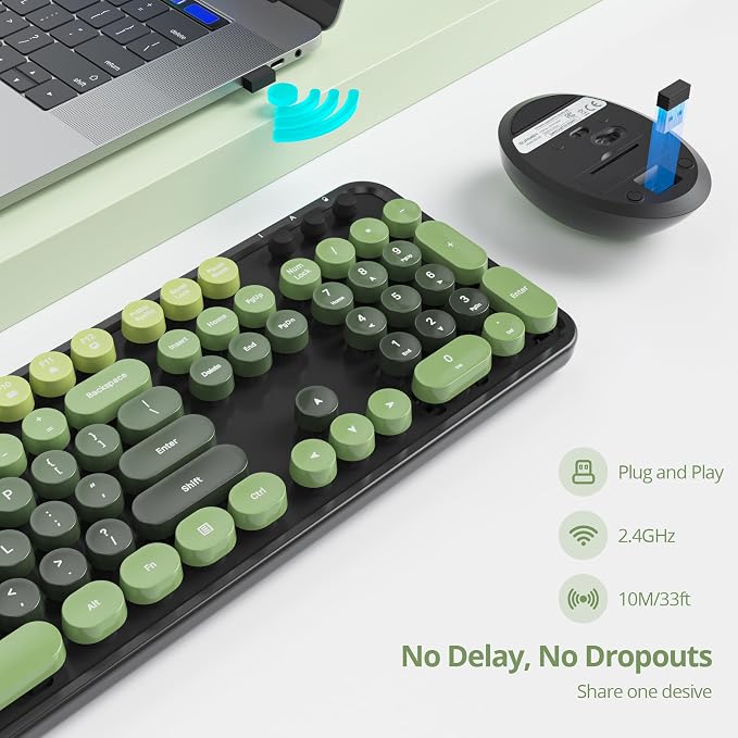Guffercty kred Dark Green Keyboard and Mouse Wireless, Retro Typewriter Cute Colorful Wireless Keyboard Full-Size 2.4GHz with Round Keycaps for Desktop Laptop and PC(Black Green)