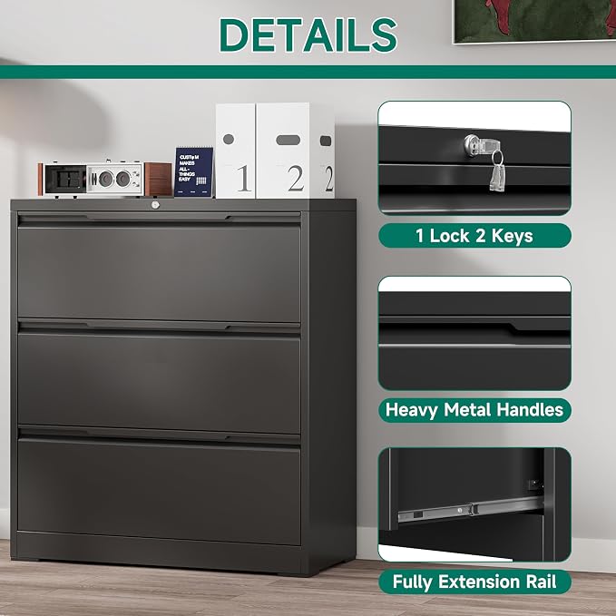 Filing Cabinet with Lock,Lateral File Cabinets 3 Drawer Metal Wide Filing Organization,Home Office School Furniture for Hanging Files Letter/Legal/F4/A4 Size,Black - Assembly Required
