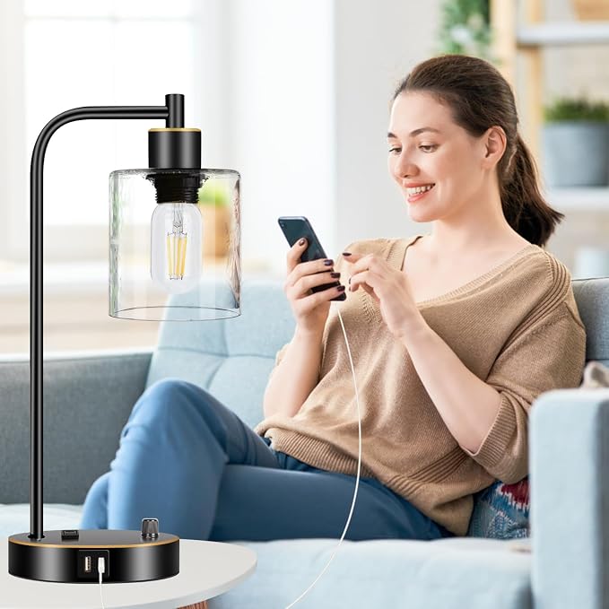 Set of 2 Black and Gold Industrial Table Lamps with USB Port, Fully Stepless Dimmable Bedside Lamps for bedrooms, Nightstand Desk Lamps with Clear Glass Shade for Reading Office 2 LED Bulb Included