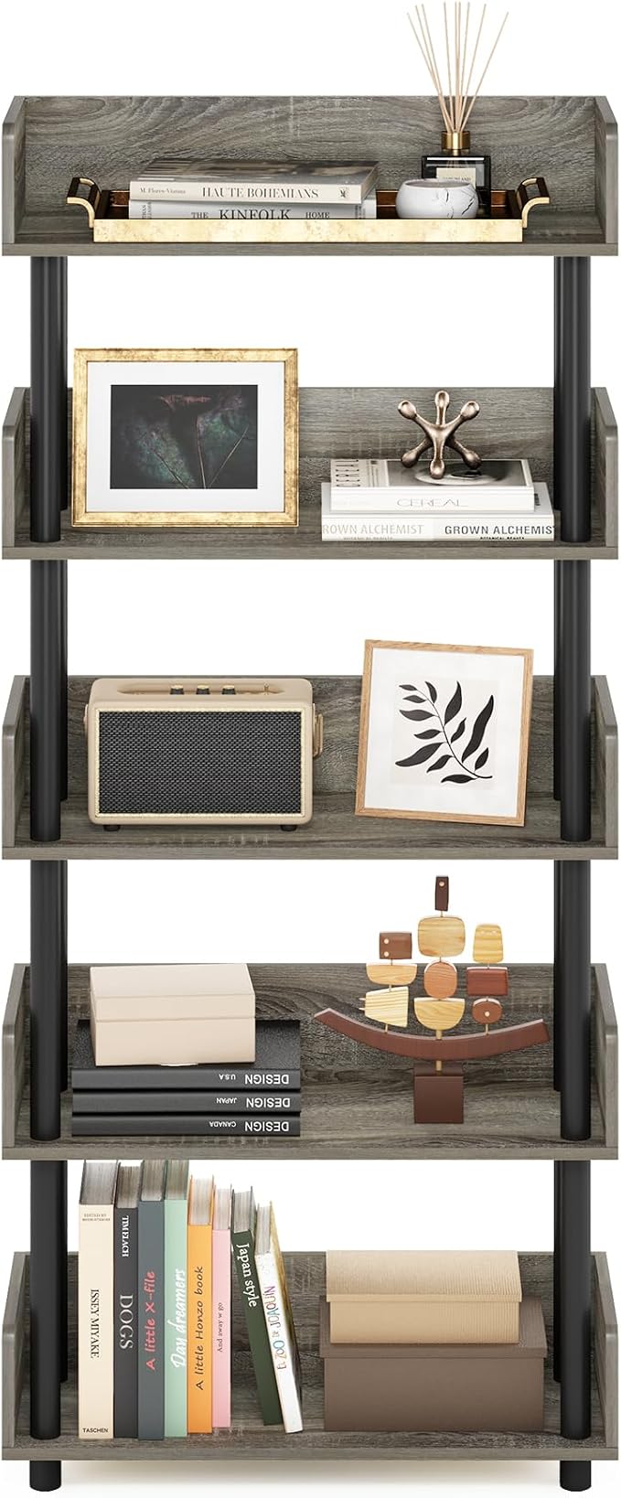 Furinno Turn-N-Tube 5-Tier Toolless Display Rack, French Oak/Black
