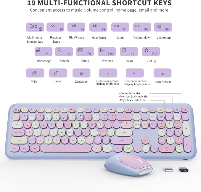 Wireless Keyboard and Mouse Combo, Colorful Ergonomic Full Size Retro Low-Noise Keyboard with Cute keycaps, Compatible with Windows, PC, Perfer for Home and Office Keyboards (Purple)