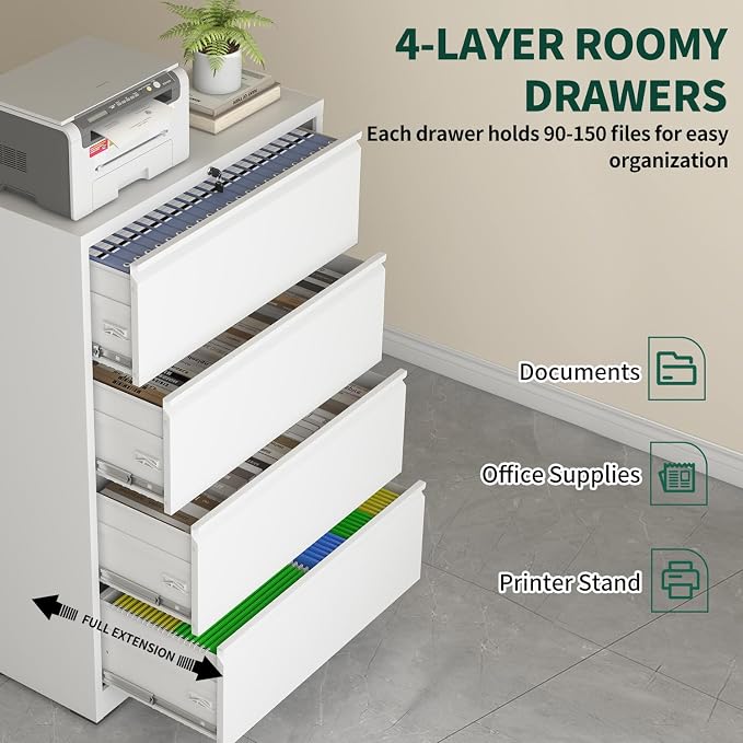 Lateral File Cabinet 4 Drawer, Metal File Cabinets for Home Office Legal/Letter A4 Size, File Cabinet with 4 Lock, Require Assembly, White
