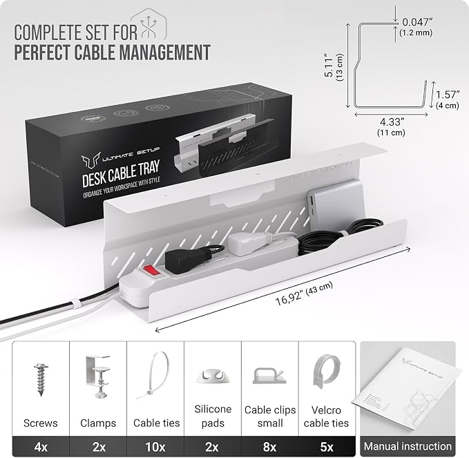 Under Desk Cable Management Tray no Drill – Wire Management - Cord Organizer – Huge Load Capacity – Under Desk Cable Tray no Drill (White, 1 Piece Set)