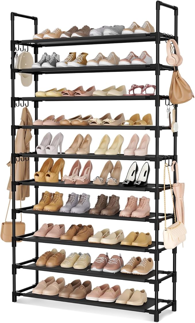 LANTEFUL Tall Shoe Rack 10 Tier Shoe Organizer Large Shoe Shelf with 18 Hooks Storage for 50 Pair, Stackable Vertical Shoe Rack Organizer for Closet, Entryway, Bedroom