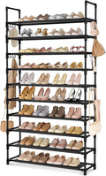 LANTEFUL Tall Shoe Rack 10 Tier Shoe Organizer Large Shoe Shelf with 18 Hooks Storage for 50 Pair, Stackable Vertical Shoe Rack Organizer for Closet, Entryway, Bedroom