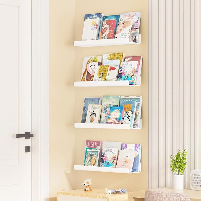 upsimples Acrylic Shelves for Wall Decor, 15" Display Shelf Perfume Organizer for Bathroom, Bedroom, Living Room, Floating Bookshelves for Kids, White, 2 Pack