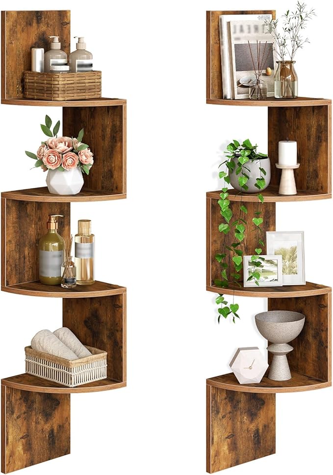 HOOBRO Corner Shelf Wall-Mounted, Set of 2 Floating Corner Shelves for Wall, 4-Tier Corner Bookshelves for Living Room, Bedroom, Bathroom, Home Office, Rustic Brown BF25BJP201