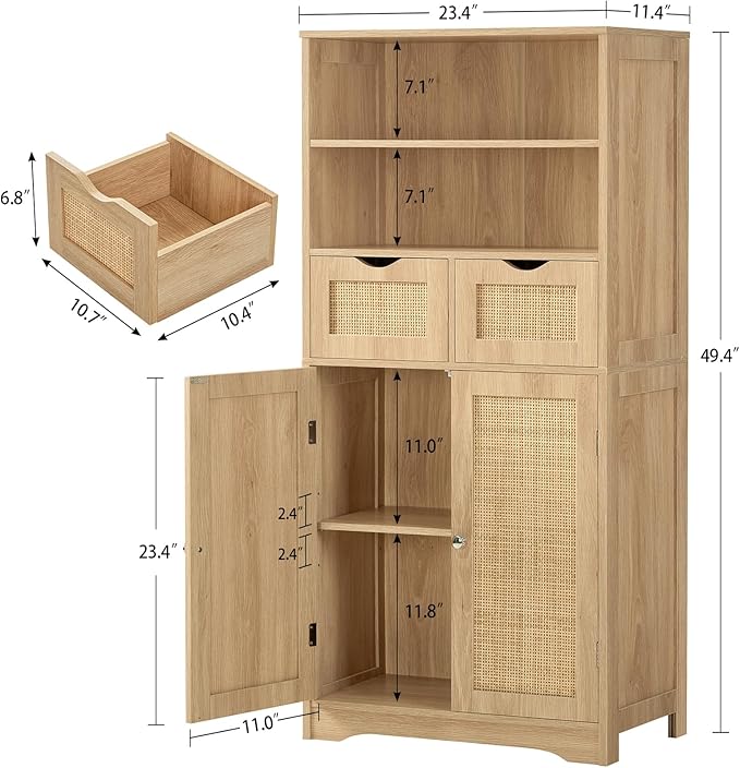 Iwell Tall Storage Cabinet, Rattan Cabinet with 2 Drawers & Adjustable Shelf, Kitchen Pantry Storage Cabient, Entryway Cabinet for Living Room, Dining Room, Home Office, Natural