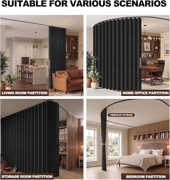 JILRON Accordion-Style Room Divider with Ceiling Track - Foldable Partition Curtain, Easy Installation(Black 100" W x 108" L-Pack of 1)