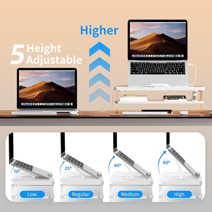 AFOOYO 2-Tier Laptop Stand Adjustable Riser Holder,Ventilated Cooling Ergonomic Computer Desk Organizer for 10-17.3" Notebook,Desktop Storage Compatible with MacBook,Dell,HP,Lenovo
