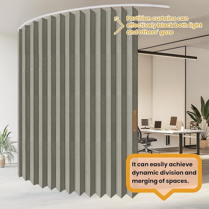 JILRON Folding Accordion Partition Divider with Ceiling Track - Hanging Room Curtain, Quick Setup(Grey 180" W x 84" L-Pack of 1)