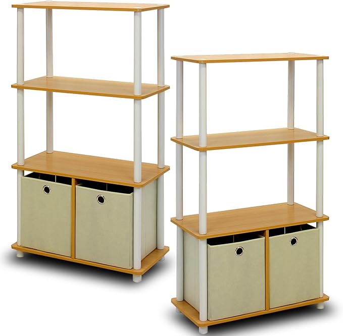 Furinno Go Green 4-Tier Multipurpose Storage Rack Shelving Unit with Bins (Set of 2), Beech