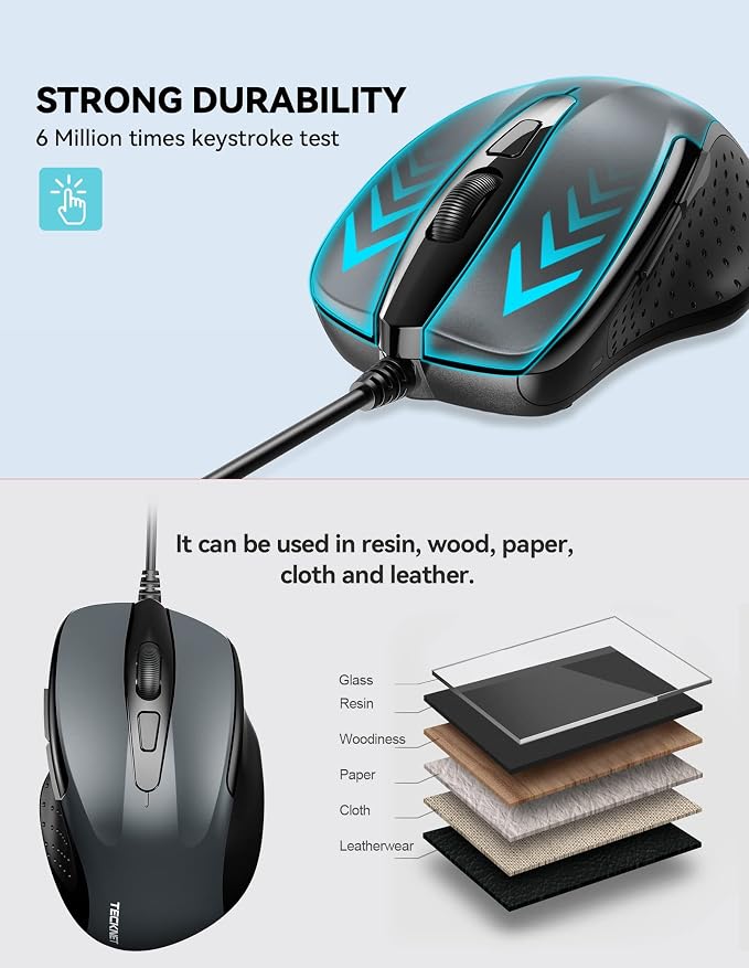 TECKNET USB Wired Mouse, 6-Button Corded Computer Mouse with 4 Adjustable DPI, Optical Computer Mice with Ergonomic Design and 5FT Cord for Laptop, Chromebook, PC, Desktop, Mac, Notebook-Gray