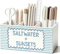 Blue Beach Pen Pencil Holder for Desk, Beach Office Decor, Coastal Ocean Saltwater and Sunsets Beachy Wooden Box Sign Decorations for Home Office Desk Tabletop