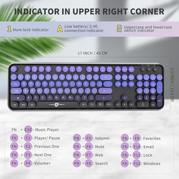 Wireless Keyboard and Mouse Combo | Cute Colorful Keyboard and Mouse with 2.4GHz Cordless Retro Typewriter Keyboard | Auto-Sleep | USB Receiver for Windows PC/Laptop - Black Purple Gradient