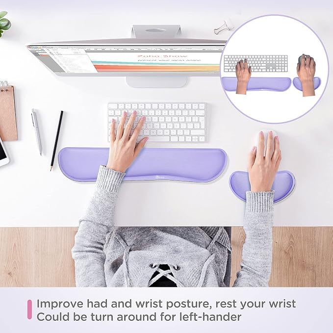 Gimars Upgrade Enlarge Gel Memory Foam Set Keyboard Wrist Rest Pad, Mouse Wrist Cushion Support for Office, Computer, Laptop, Mac, Comfortable, Lightweight for Easy Typing Pain Relief, Purple