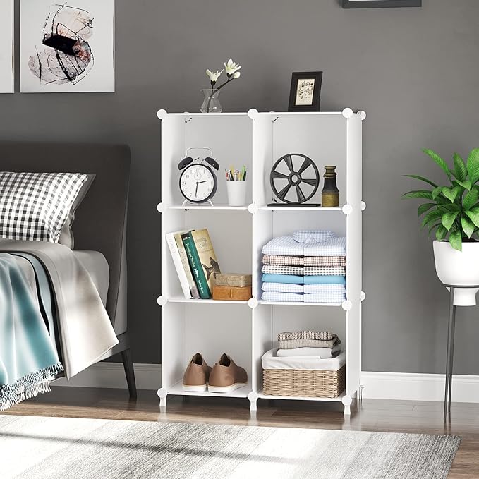 AWTATOS Cube Storage Organizer, Storage Cubes Shelves Bookshelf, 6 Cube Closet Organizers and Storage, DIY Stackable Plastic Clothes Organizer Shelving for Bedroom, Home, White