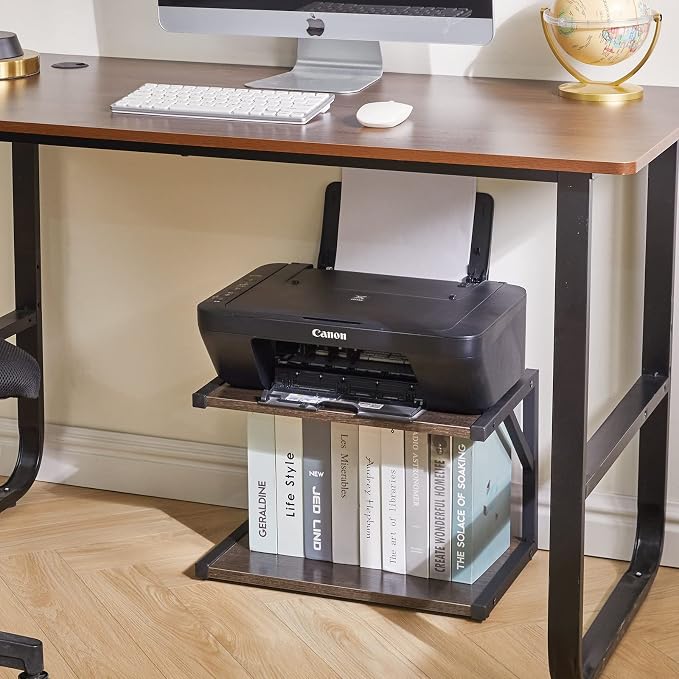 IBUYKE 2-Tier Desktop Printer Stand Holder, Multi-Purpose Desk Organizer Storage Shelf, Book Shelf Printer Shelf for Fax Machine, Scanner, Files, Books, Dark Grey UTLJ004G
