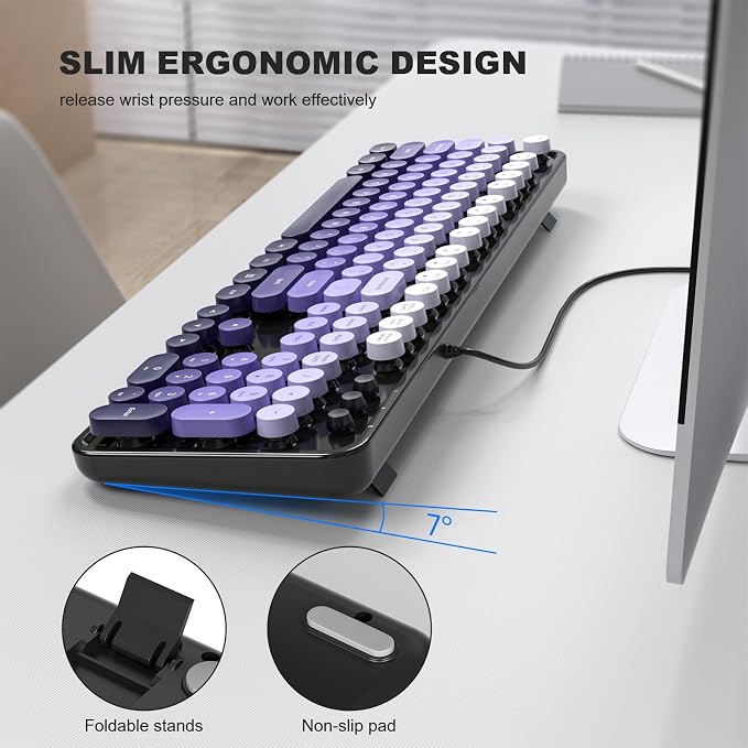 MOWUX Computer Keyboard Wired, Plug and Play USB Retro Round Typewriter Keyboard, Full Size Wired Keyboard with Foldable Stands for Laptop and Office PC- Black Purple Gradient