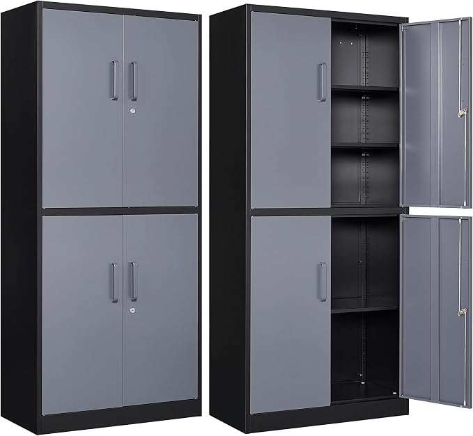 Letaya Metal Storage Cabinets with Lock Door and Shelves, Steel Garage Tool Cabinets for Home,Office, Warehouse,Lockers(71"-Black Gray)