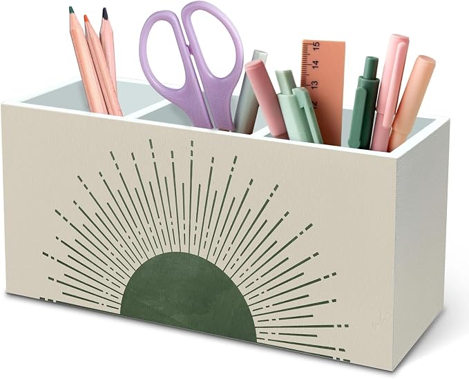 DILSJ Boho Abstract Sunshine Pen Pencil Holder Organizer for Desk, Boho Office Decor, Sage Green Mid Century Modern Minimalist Sun Sunshine Wooden Box Signs for Home Office Desk Tabletop Decoration